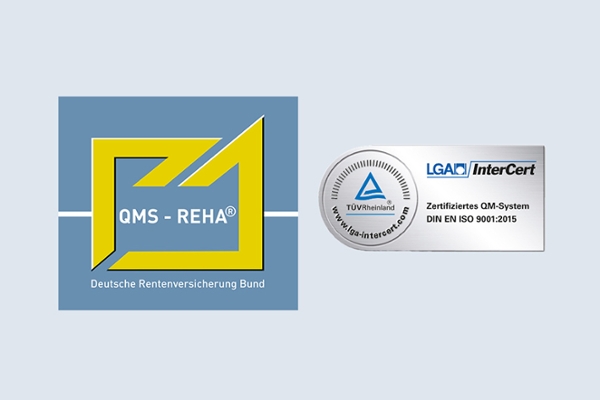 Ein Bild des QMS-Reha-Siegels und des LGA InterCert-Siegels. Ein Bild des QMS-Reha-Siegels und des LGA InterCert-Siegels.